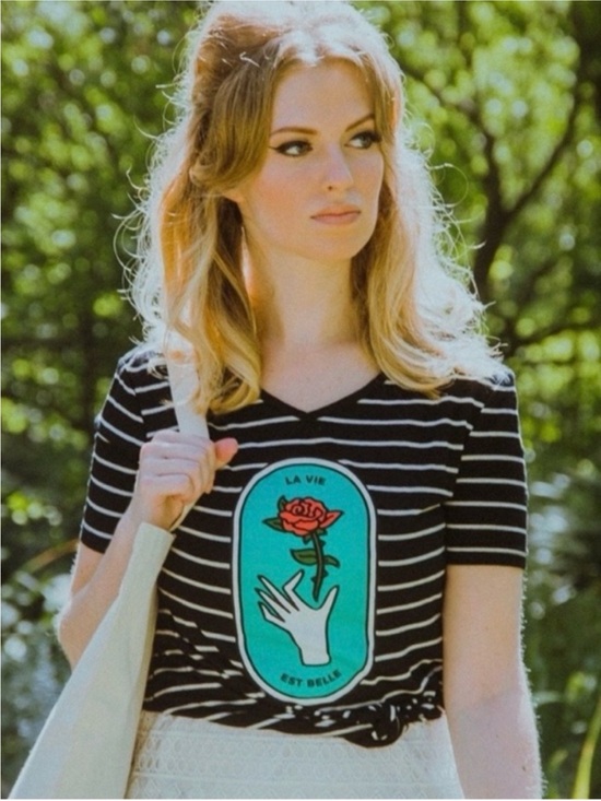 Rooster Teeth Tops - Striped Black & White V-neck Tee with Rose Graphic - Barbara Dunkleman